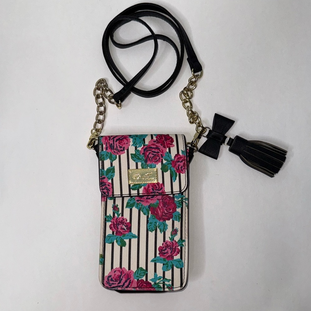 Betsey Johnson Crossbody Purse Wallet Handbag Roses Stripes Snap Y2K Girlie Fem